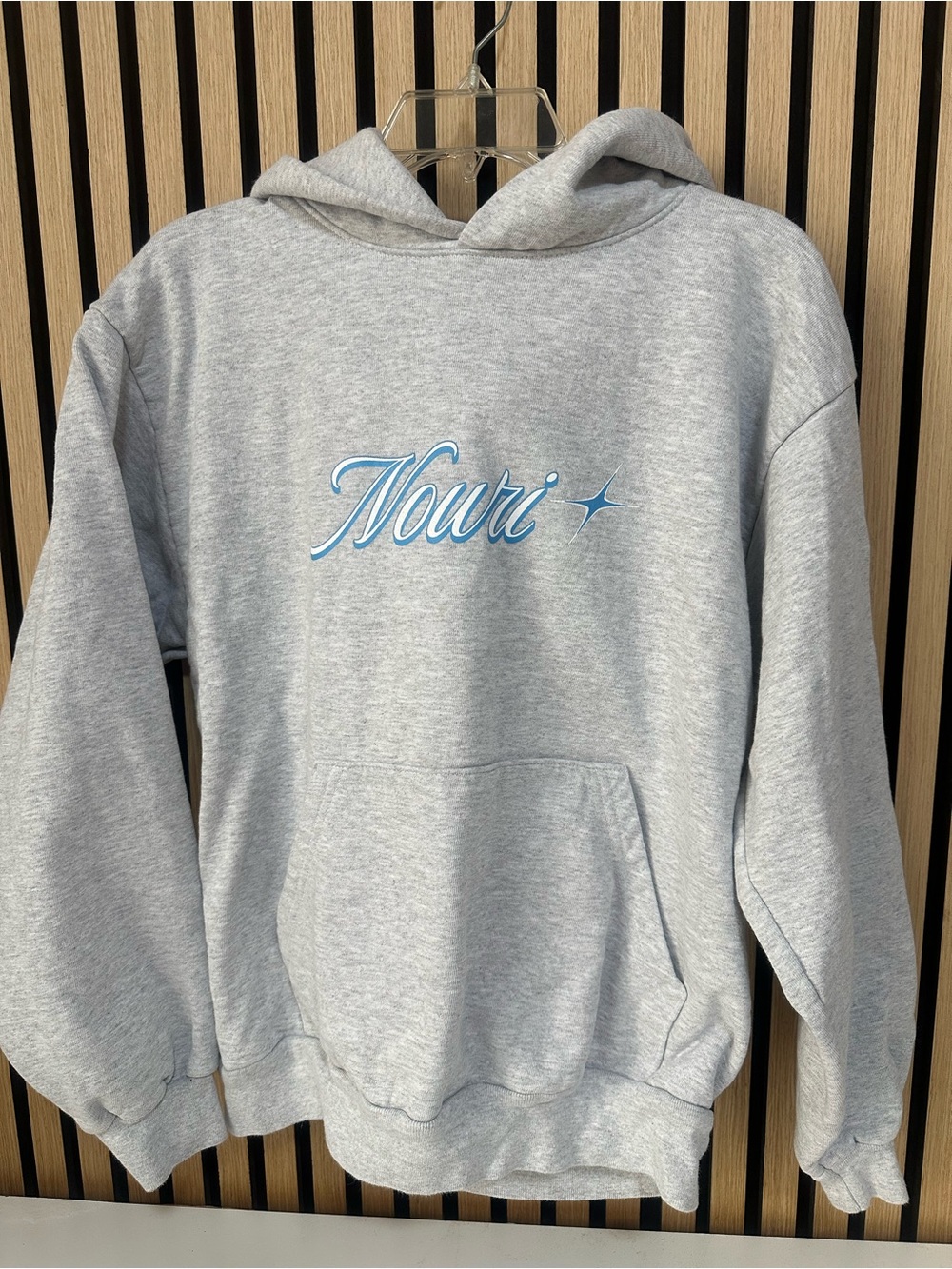 Nouri Script Logo Hoodie - Light Gray with Blue Script